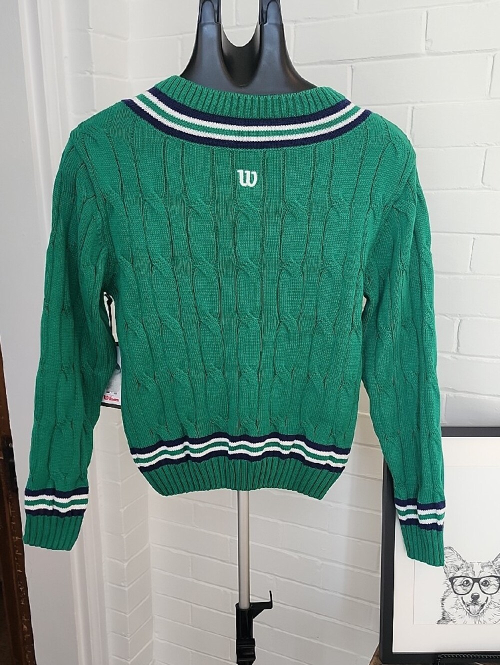 Wilson Green V-Neck Cable Knit Sweater with Striped Trim, Girls Xl 14/16 - Picture 6 of 8